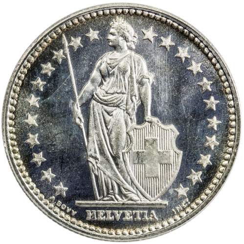 World Coins - Europe，SWITZERLAND: AR 2 francs, 1941-B, KM-21, light reverse toning, a wonderful exam