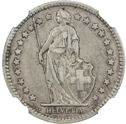 World Coins - Europe，SWITZERLAND: AR franc, 1877-B, KM-24, better date, NGC graded EF40, ex Mike Edw