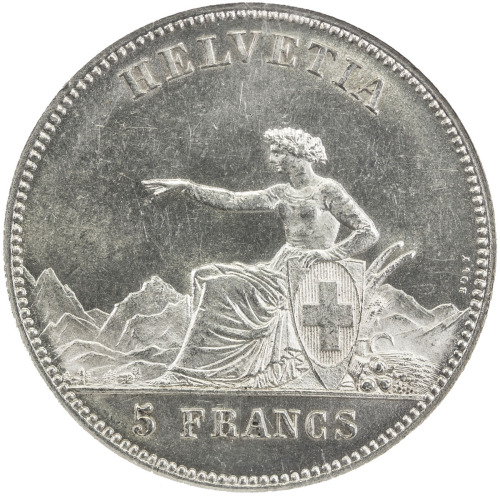 World Coins - Europe，SWITZERLAND: AR 5 francs, 1863, Bruce-XS7, Federal Shooting Festival in La Chau