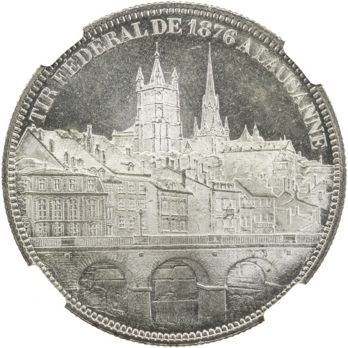 World Coins - Europe，SWITZERLAND: AR 5 francs, 1876, Bruce-XS13, Federal Shooting Festival in Lausan