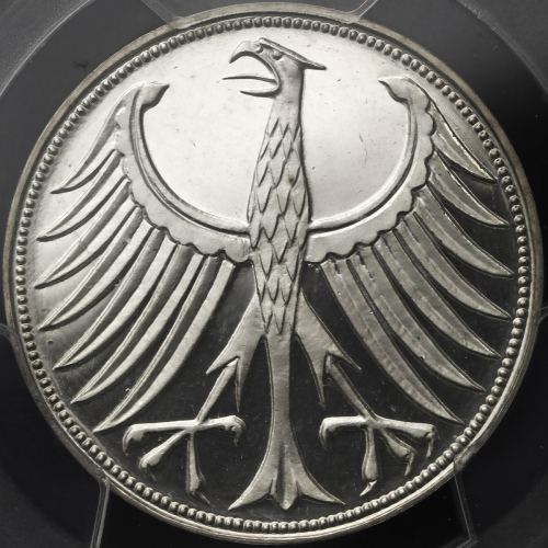 GERMANY Federal Rep 西ドイツ 5Mark 1960F PCGS-PR UNC Detail“Spot Removed“  里面に変色していた1点を除去した迹ある以外 Poof