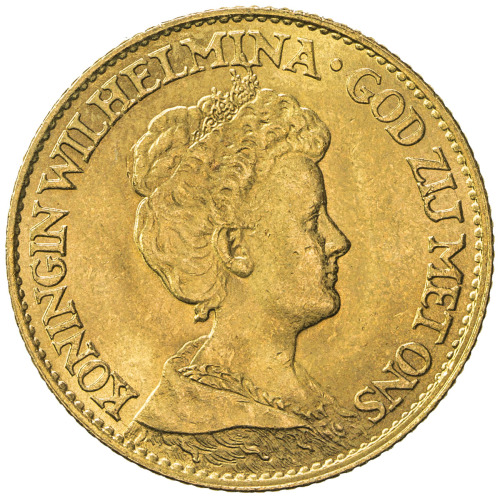 World Coins - Europe，NETHERLANDS: Wilhelmina I, 1890-1948, AV 10 gulden, 1917, KM-149, AGW 0.1947 oz