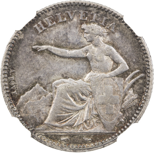 World Coins - Europe，SWITZERLAND: AR franc, 1851-A, KM-9, attractively toned, NGC graded EF40, ex Mi