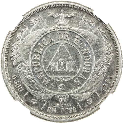 World Coins - The Americas，HONDURAS: AR peso, 1884, KM-52, surface hairlines, NGC graded AU details.