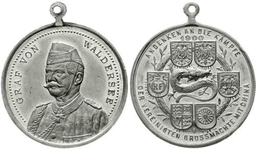 Qing-Dynastie. De Zong 1875-1908. Tragbare Aluminiummedaille 1900 von Beyenbach. Graf v. Waldersee u