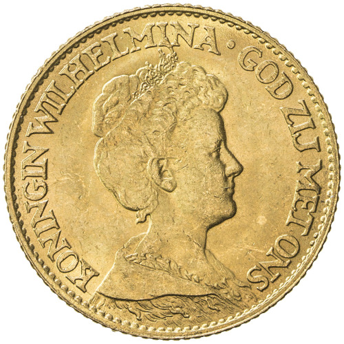 World Coins - Europe，NETHERLANDS: Wilhelmina I, 1890-1948, AV 10 gulden, 1917, KM-149, AGW 0.1947 oz