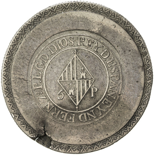 World Coins - Europe，MAJORCA: Fernando VII, 1808-1833, AR 5 pesetas, 1823, Cr-L9.2, significant edge