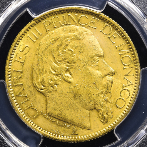 MONACO モナコ 100Francs 1882A  PCGS-UNC Details“Altered Surf“ 一部加工迹あり EF+