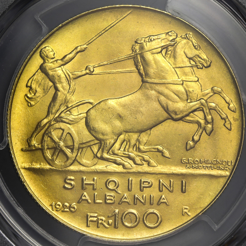 ALBANIA ア儿バニア 100Franga-Ari 1926R PCGS-UNC Details“Graffiti“ 目立たぬスクラッチ AU~UNC