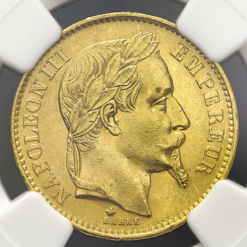 FRANCE Napoleon III ナポレオン3世(1852~70) 20Francs 1868A NGC-UNC Details“Rim Damage“ 縁にキズあり AU~UNC