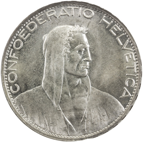 World Coins - Europe，SWITZERLAND: AR 5 francs, 1925-B, KM-38, William Tell, NGC graded MS64, ex Mike