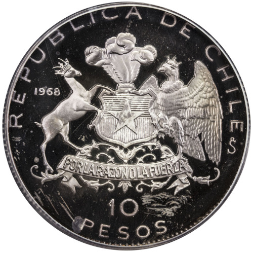 World Coins - The Americas，CHILE: Republic, AR 10 pesos, 1968, KM-183, Arrival of Liberation Fleet i