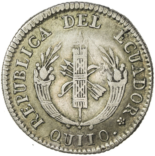 World Coins - The Americas，ECUADOR: AR 2 reales, 1838, KM-18, assayer MV, a few faint scratches, wel
