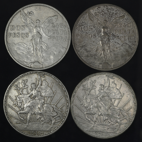 MEXICO メキシコ Peso 1910,13、KM-453 / 2Pesos 1921KM-462(×2)  计4枚组 4pcs 返品不可 要下见 Sold as is No returns F~