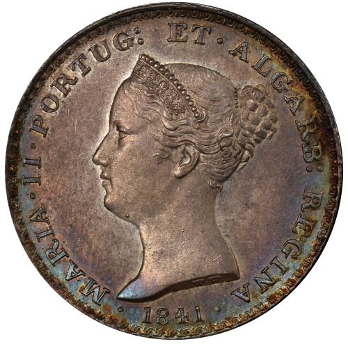 World Coins - Europe，PORTUGAL: Maria II, 1834-1853, AR 500 reis, 1841, KM-471, bluish-golden toned, 