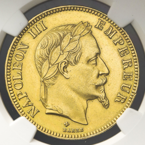 FRANCE Napoleon III ナポレオン3世(1852~70) 100Francs 1867BB NGC-MS62 AU/UNC