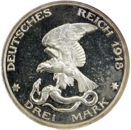 World Coins - Europe，PRUSSIA: Wilhelm II, 1888-1918, AR 3 mark, 1913-A, KM-534, commemorating the 10