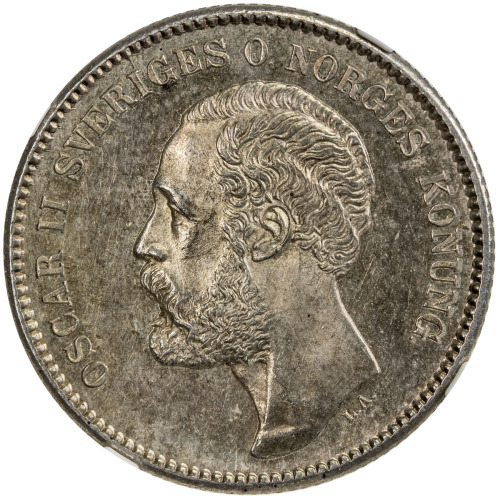 World Coins - Europe，SWEDEN: Oscar II, 1872-1907, AR 2 kronor, 1876, KM-742, initials EB, narrow dat