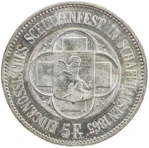 World Coins - Europe，SWITZERLAND: AR 5 francs, 1865, Bruce-XS8, Federal Shooting Festival in Schaffh