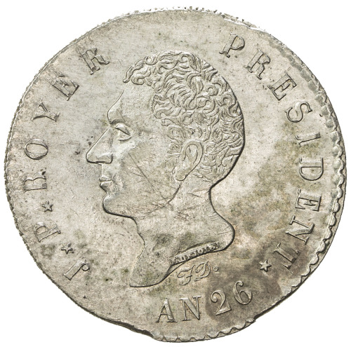 World Coins - The Americas，HAITI: Republic, AR 100 centimes, AN 26 (1829), KM-A23, good luster, fain