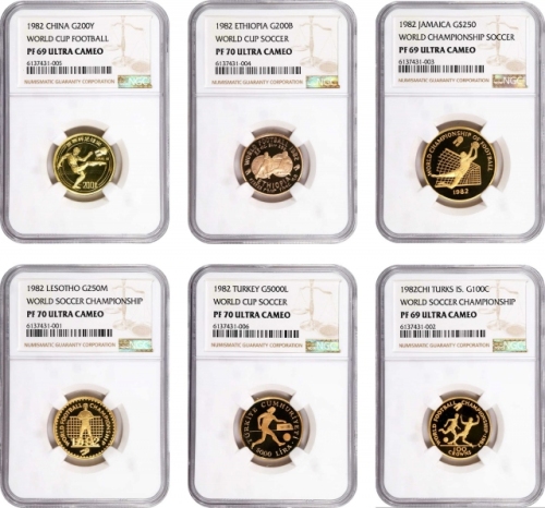  1982年第十二届世界杯足球赛纪念金币1/4盎司一组6枚 NGC CHINA. Gold World Championship Football Proof Set (6 Pieces), 1982.