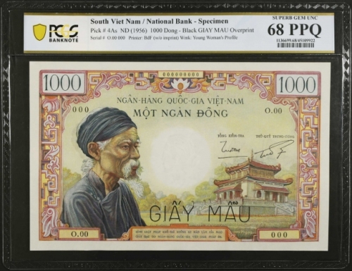  1956年南越国家银行1000盾样张 PCGS Banknote 68 VIETNAM, SOUTH. National Bank. 1000 Dong