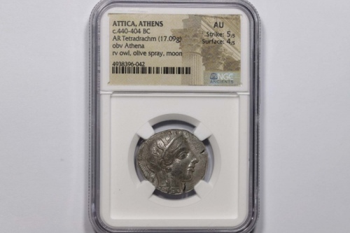  古希腊雅典娜城邦阿提卡头盔雅典娜银币一枚 NGC AU 4938396-042 重17.09g 