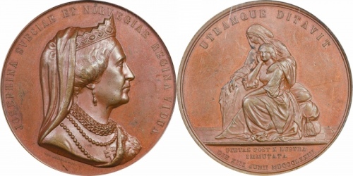  1873年瑞典女王登基铜样章。PCGS SP62