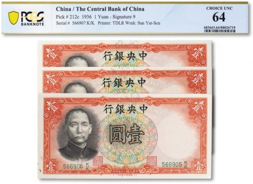  民国二十五年（1936年）中央银行壹圆共三枚