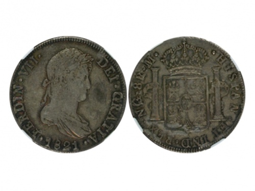  1821年费尔南多七世像双柱8R银币，NGC AU55