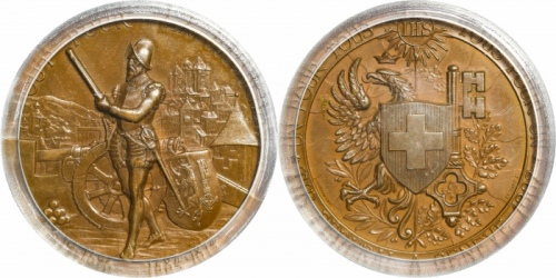  1887年瑞士射击节高浮雕铜样章。PCGS SP64
