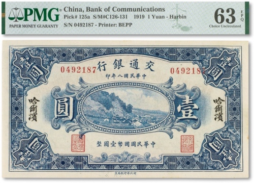  民国八年（1919）年交通银行壹圆一枚,哈尔滨地名