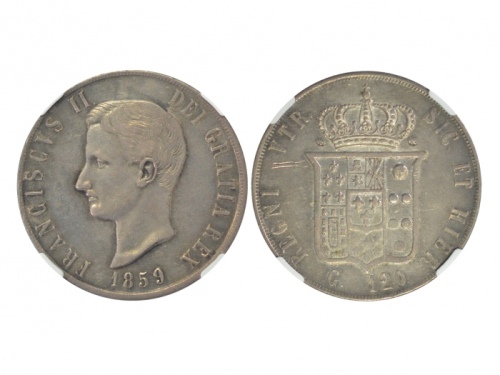  1859年义大利西西里王国统一纪念银币120格拉纳，NGC AU DETAILS，反面损伤，Frank Rose 藏品