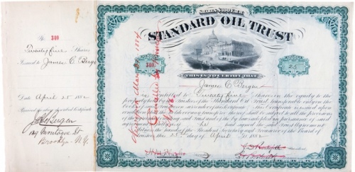  标准石油公司创始人约翰·洛克菲勒、亨利·弗拉格勒、雅比斯·博斯特维克 亲笔签名股票