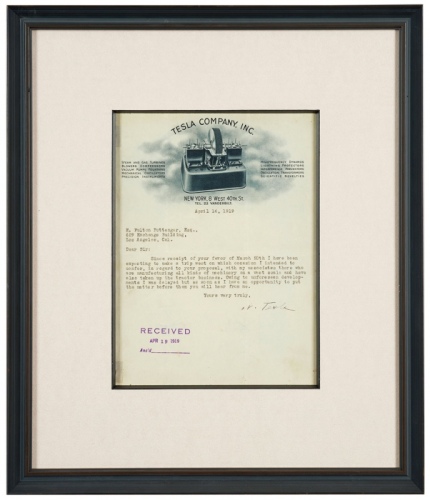  传奇发明家特斯拉 亲笔签名信函，罕见