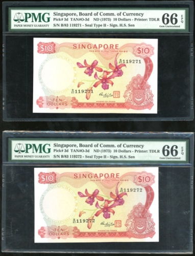  1973年新加坡10元3枚连号，编号 B/83 119271/2/3，兰花系列，PMG 66EPQ