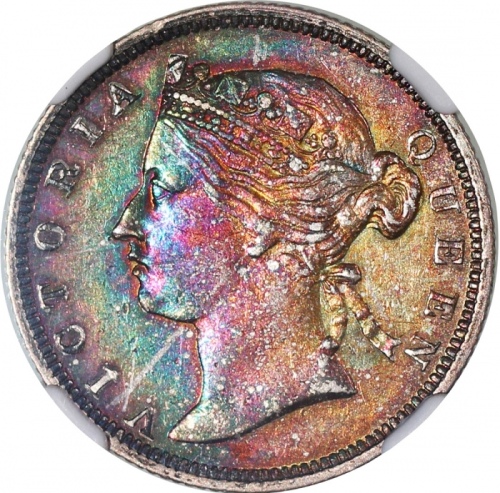  1879年香港二毫，正面有彩虹包浆，NGC AU Details有清洗，#6376742-008，罕见重要年份