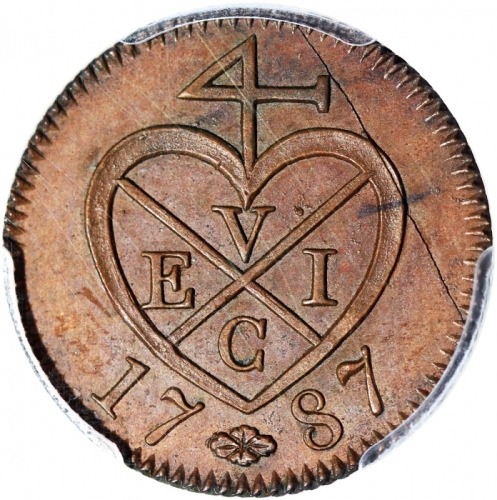  1787年马来亚苏门答腊1柯坪铜币，PCGS MS63BN，均匀巧克力色包浆