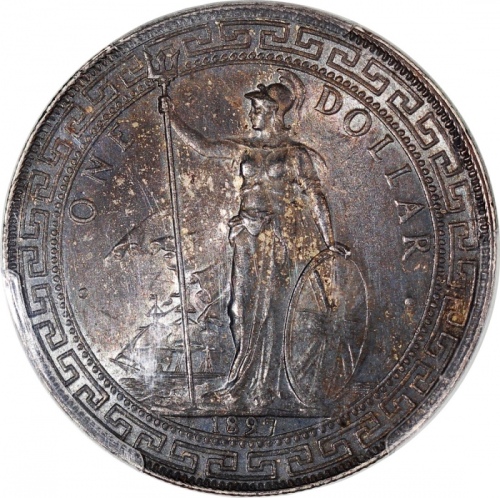  1897-B英国贸易银元，均匀老旧包浆，PCGS MS62，#35003638
