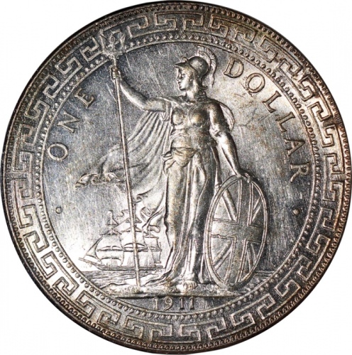  1911-B英国贸易银元，带柔和包浆，NGC MS62，#2751125-031