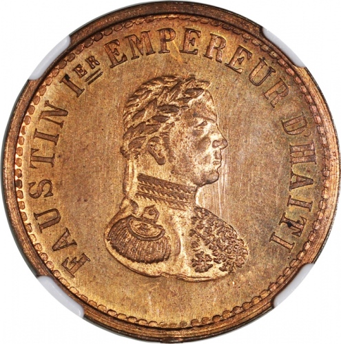  1855年海地10分铜样币, 老彩包浆，NGC PF64RD