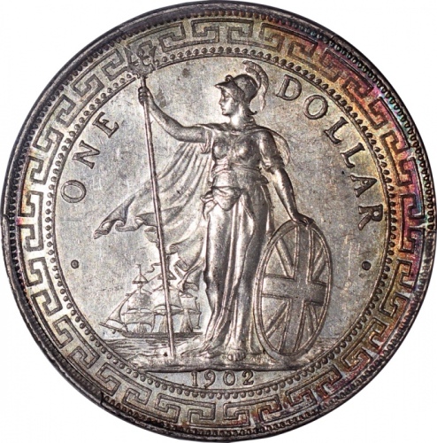  1902-B英国贸易银元，正反两面边沿带包浆，PCGS MS63，#43811283