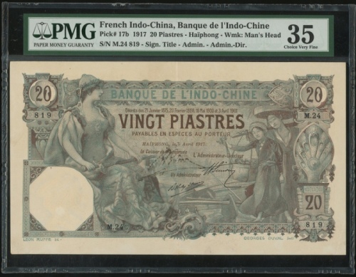  1917年法属安南20元，海防，编号 M.24 819，PMG 35，精美大型纸币，少见好品相，PMG仅有一枚获更高评分