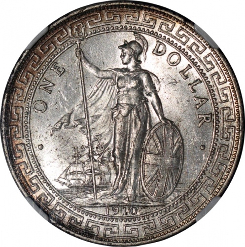  1910-B英国贸易银元，币边带包浆，NGC MS62，#2759521-002