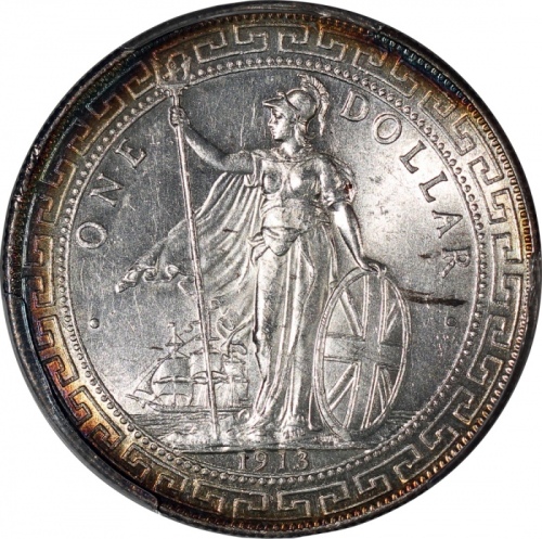  1913-B英国贸易银元，边沿带彩调包浆，PCGS MS62，#30850660，稀有年份