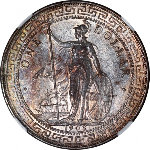  1903/2-B骑字版英国贸易银元，带彩金色调包浆，NGC MS62，#3479037-021，罕品