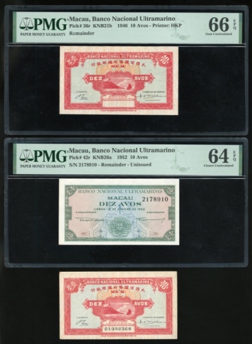  1940-1950年代澳门大西洋海外汇理银行一毫一组3枚，包括1946年库存票及发行票各1枚，编号D1392268及1952年库存票，编号2178910，46年库存票评PMG66EPQ，52年库存票6