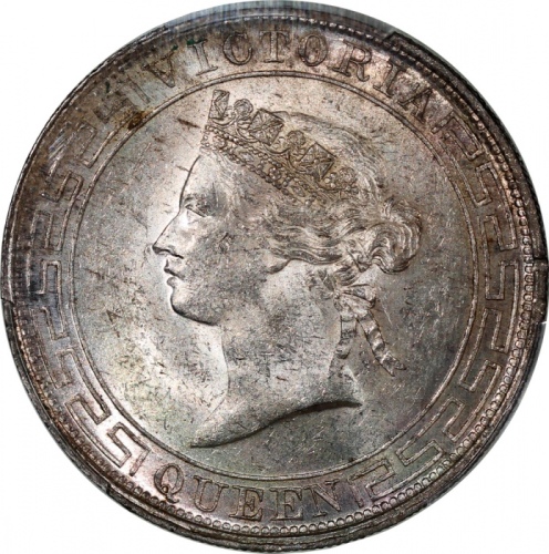  1867年香港一圆，PCGS UNC Detail币边有损，#45637187，维多利亚一圆一向存世不多，边缘的轻微损害也不减其吸引性