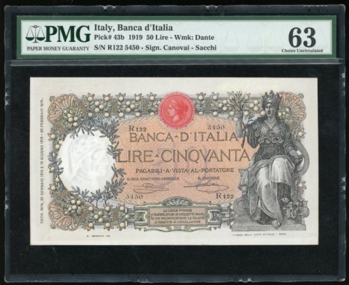  1919年意大利50里拉，编号 R122 5450，PMG 63 (有擦痕)，PMG评级最高分，罕有