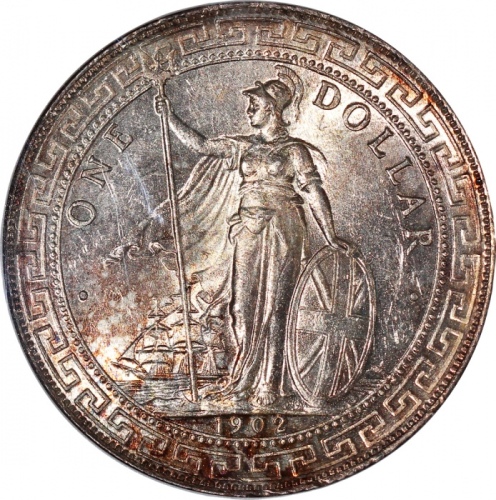  1902-B英国贸易银元，带暗金色调包浆，NGC MS63，#1521761-002